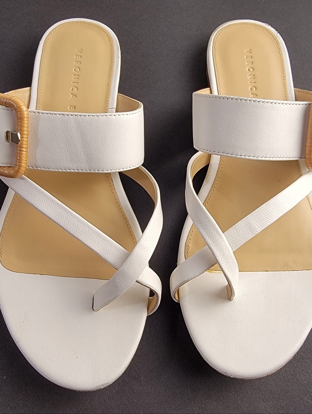 Veronica Beard Salva Toe Loop Strap Sandals, White Leather, Wrapped Buckle 7.5